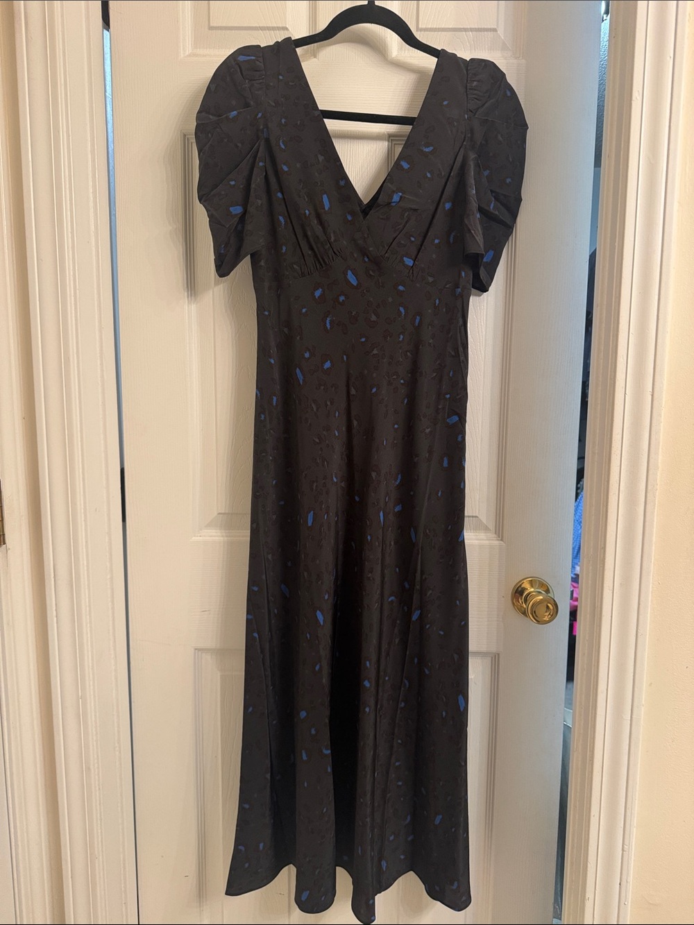 Banana Republic V-Neck Black Dress with Blue Leopard Print